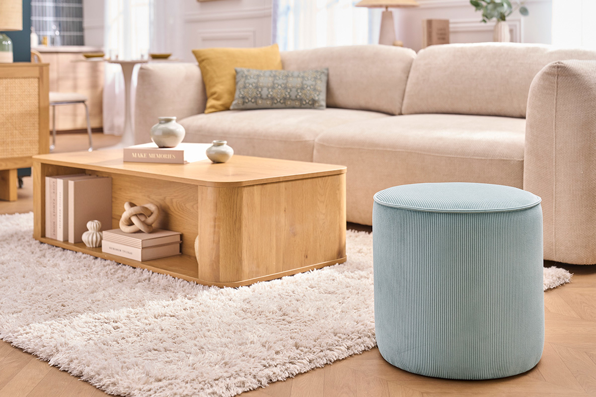 Puf rotondo in velluto a coste grigio blu D40 cm PAUL