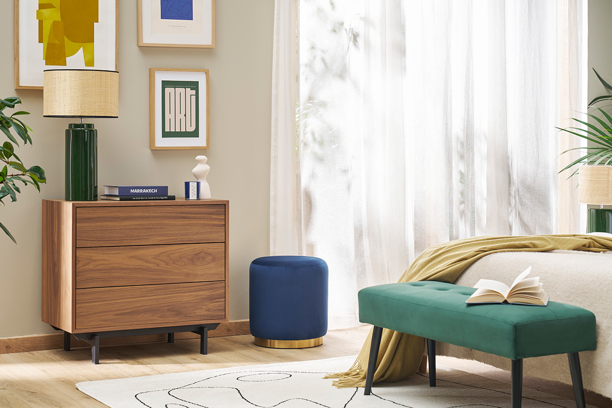 Puf rotondo in velluto blu navy e metallo dorato D40 cm AMAYA