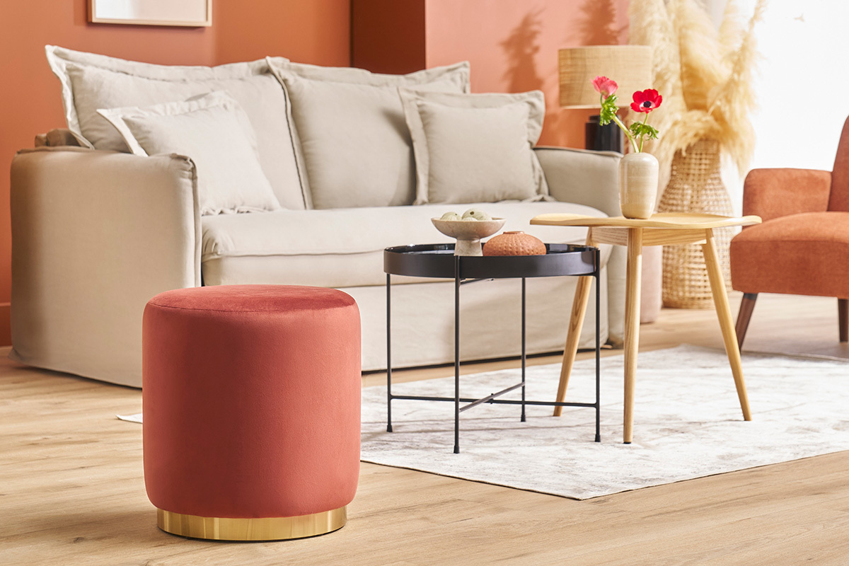 Puf rotondo in velluto rosso mattone e metallo dorato D40 cm AMAYA
