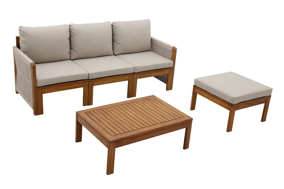 Salotto da giardino 3-4 posti in legno massiccio, 2 set di coperture (taupe o �cru) e braccioli intrecciati ALOHA