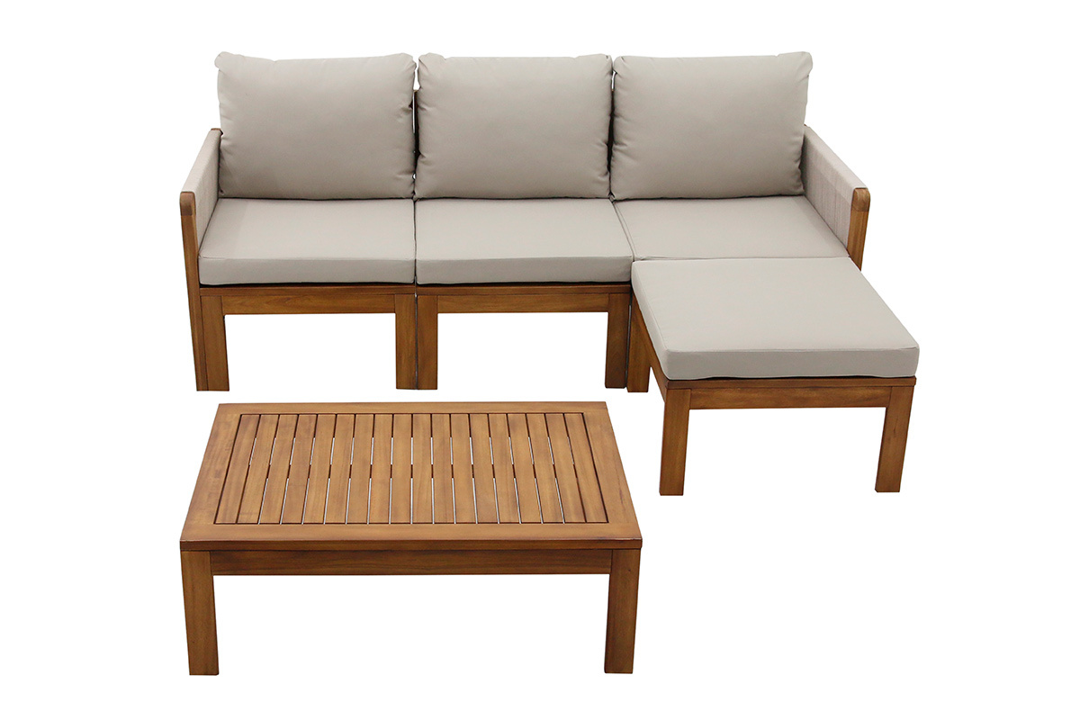 Salotto da giardino 3-4 posti in legno massiccio, 2 set di coperture (taupe o �cru) e braccioli intrecciati ALOHA