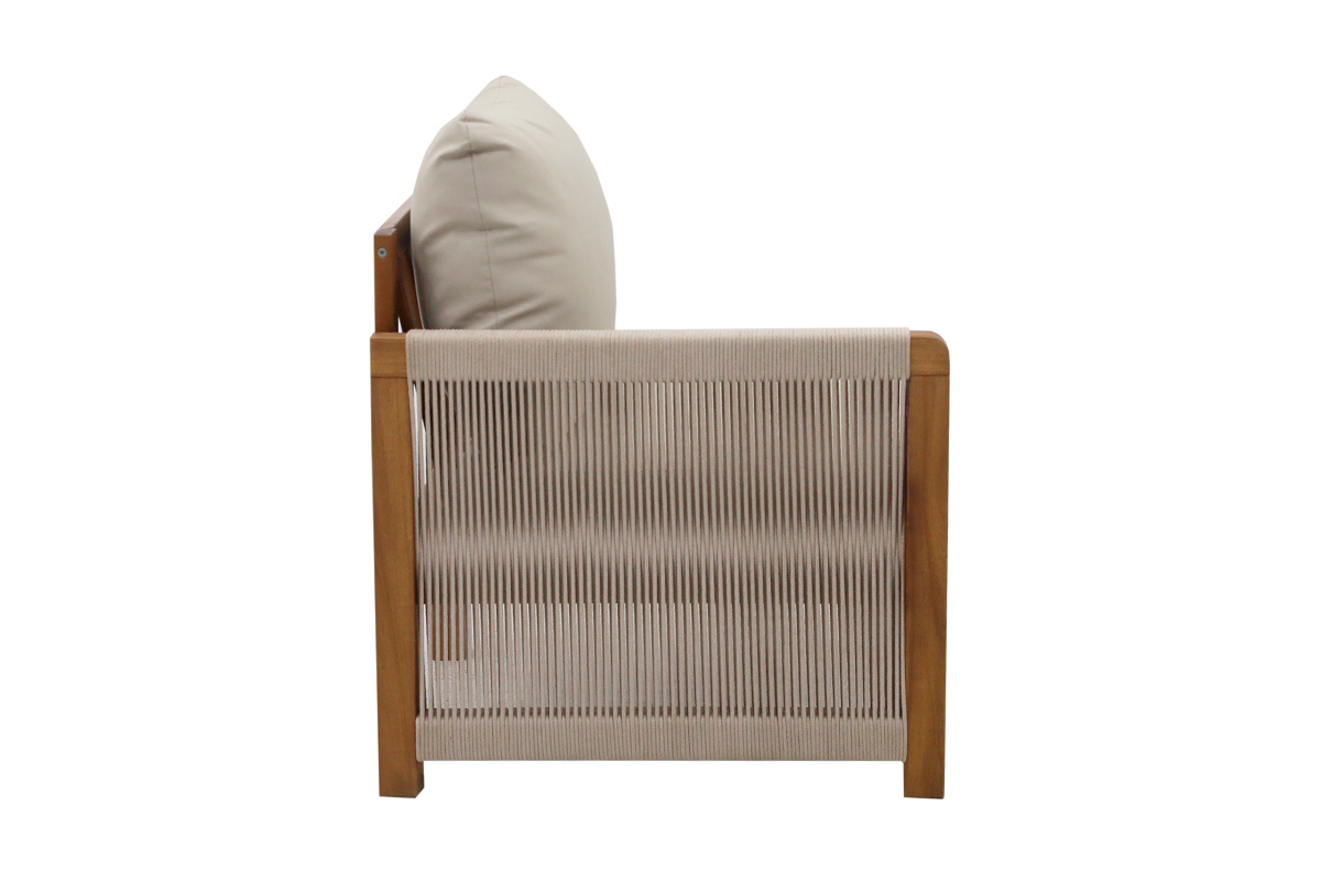 Salotto da giardino 3-4 posti in legno massiccio, 2 set di coperture (taupe o �cru) e braccioli intrecciati ALOHA