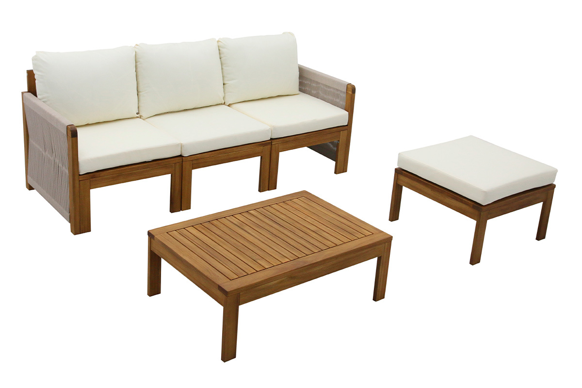 Salotto da giardino 3-4 posti in legno massiccio, 2 set di coperture (taupe o �cru) e braccioli intrecciati ALOHA