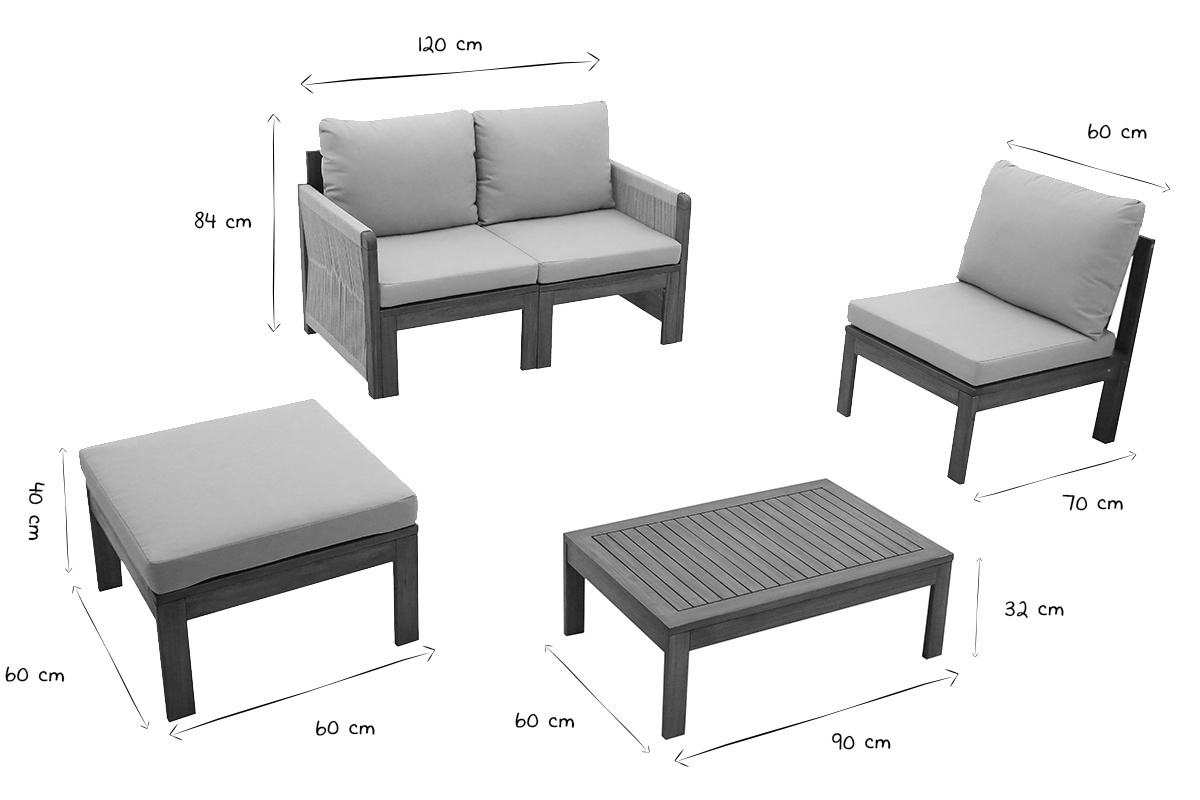 Salotto da giardino 3-4 posti in legno massiccio, 2 set di coperture (taupe o �cru) e braccioli intrecciati ALOHA