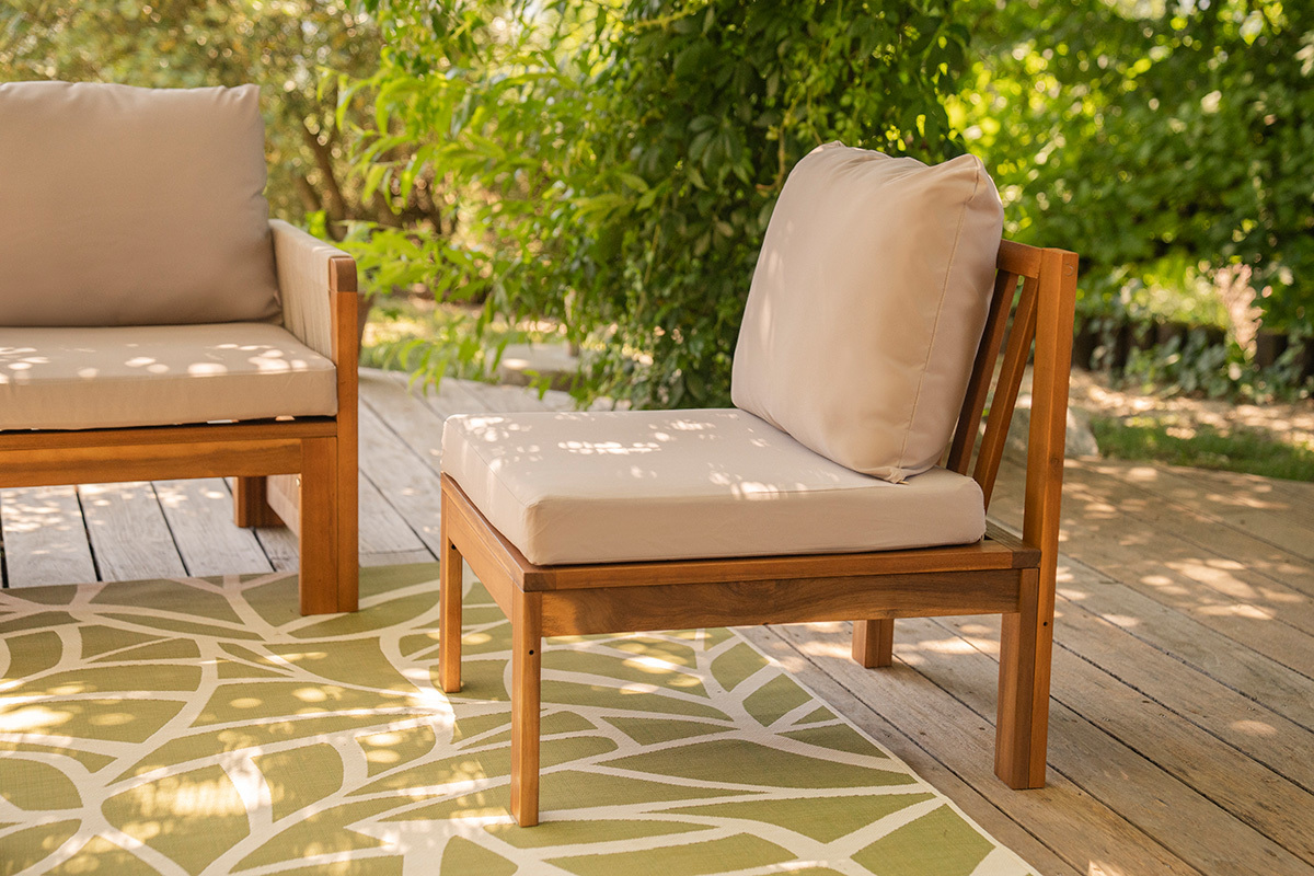 Salotto da giardino 3-4 posti in legno massiccio, 2 set di coperture (taupe o �cru) e braccioli intrecciati ALOHA
