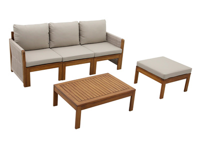 Salotto da giardino 3-4 posti in legno massiccio, 2 set di coperture (taupe o &eacute;cru) e braccioli intrecciati ALOHA