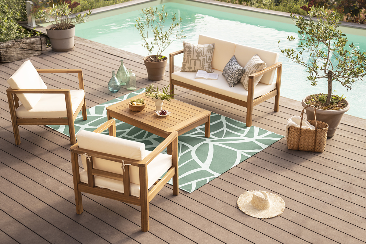 Salotto da giardino 4 posti legno massello e cuscini beige AKIS