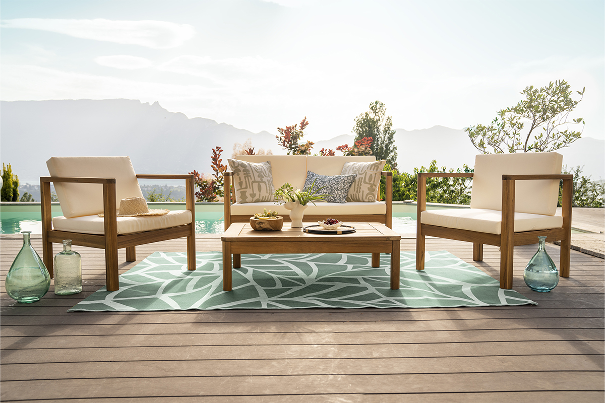 Salotto da giardino 4 posti legno massello e cuscini beige AKIS