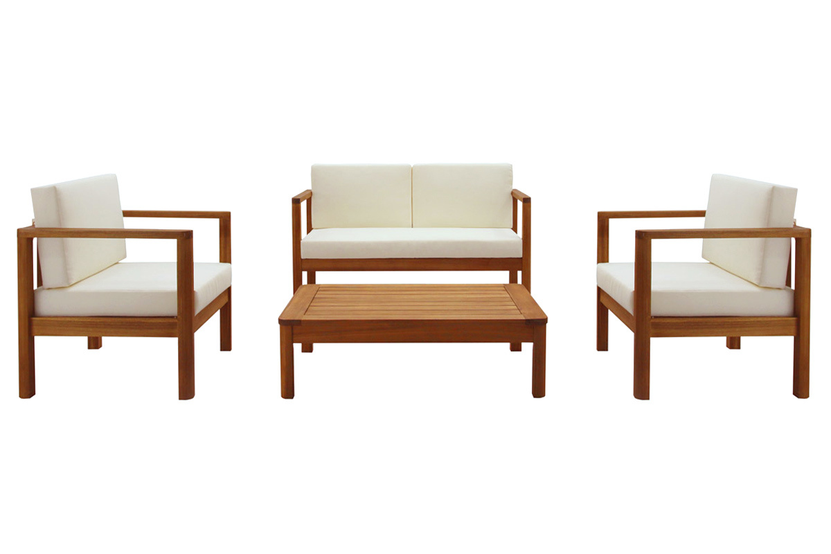 Salotto da giardino 4 posti legno massello e cuscini beige AKIS