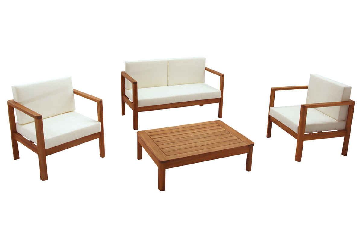 Salotto da giardino 4 posti legno massello e cuscini beige AKIS