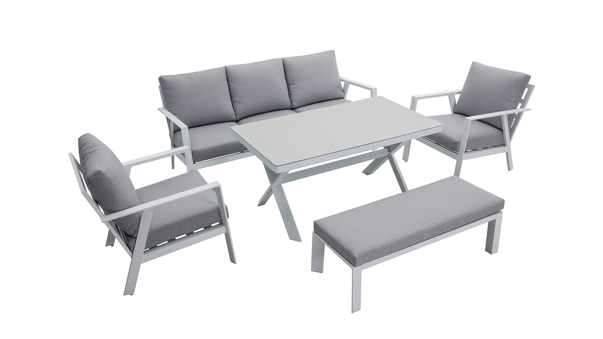 Salotto da giardino 7 posti con tavolo da pranzo in alluminio e tessuto grigio CALYPSO