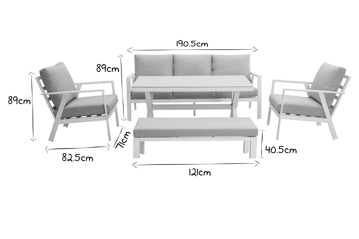 Salotto da giardino 7 posti con tavolo da pranzo in alluminio e tessuto grigio CALYPSO
