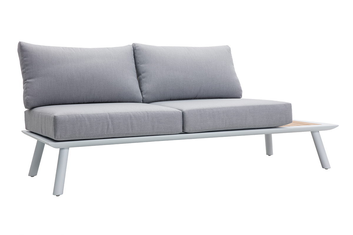 Salotto da giardino angolare in alluminio bianco, teak e tessuto grigio chiaro BELLS