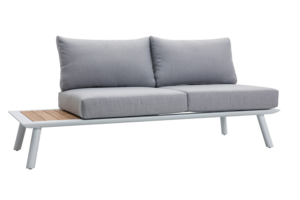 Salotto da giardino angolare in alluminio bianco, teak e tessuto grigio chiaro BELLS