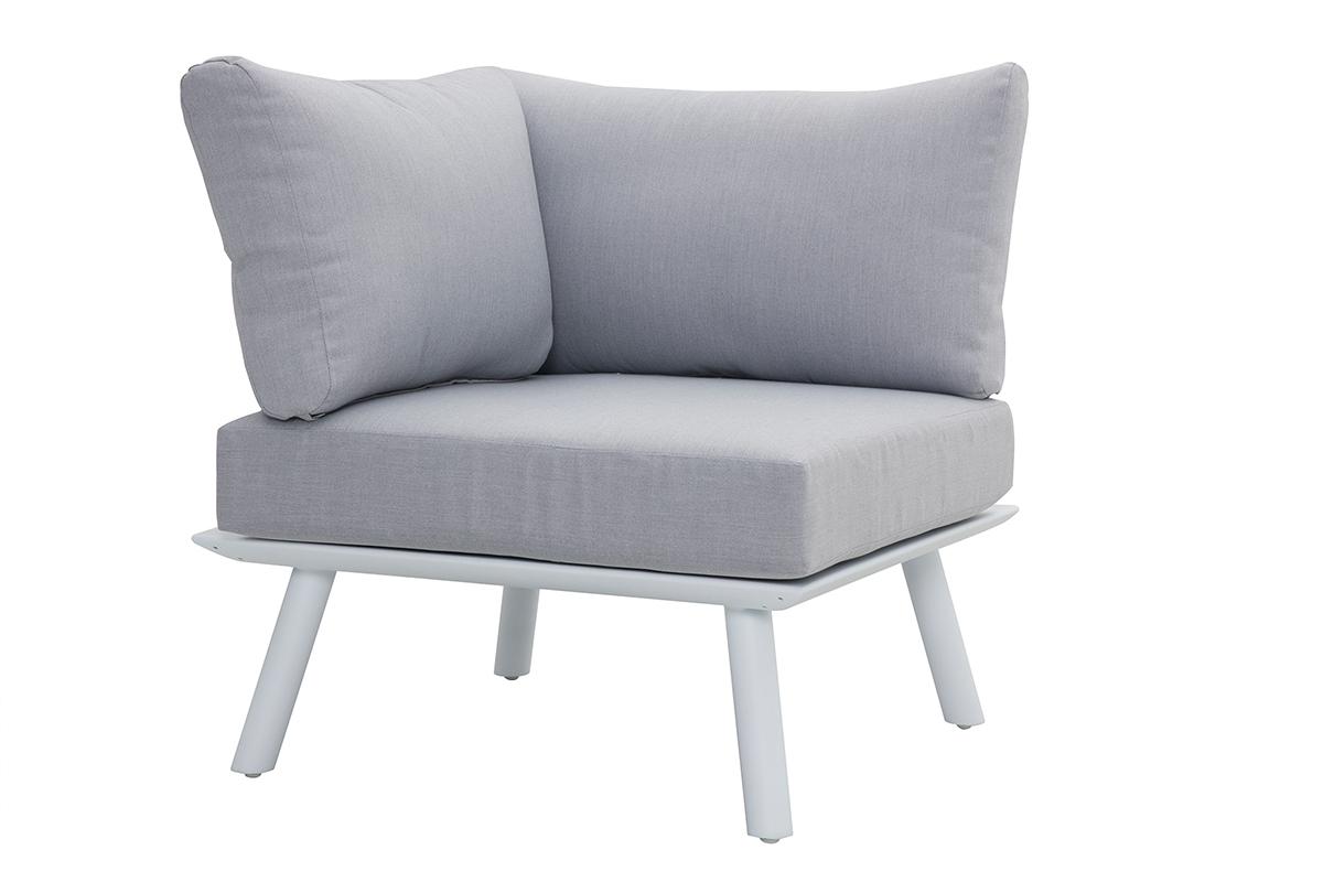 Salotto da giardino angolare in alluminio bianco, teak e tessuto grigio chiaro BELLS