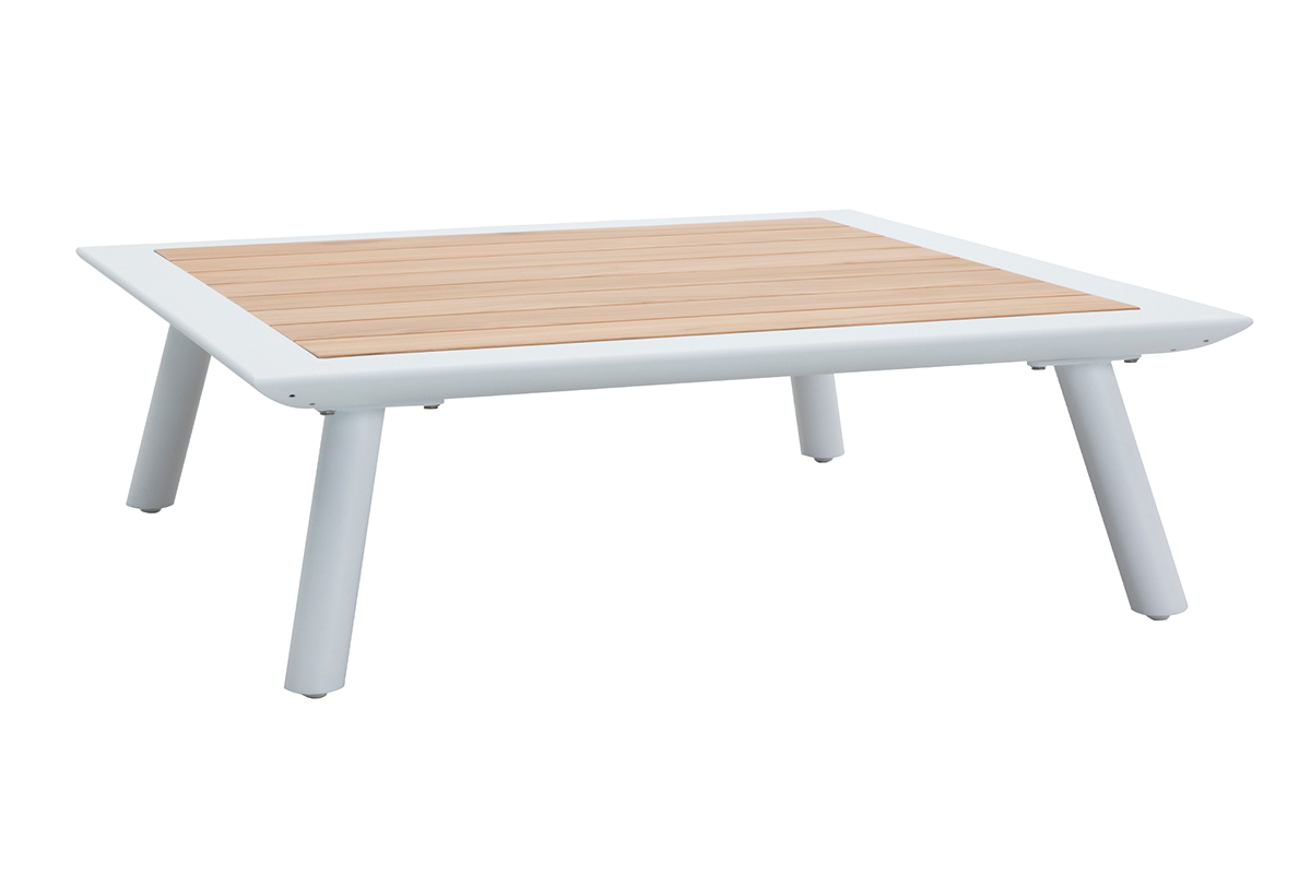 Salotto da giardino angolare in alluminio bianco, teak e tessuto grigio chiaro BELLS