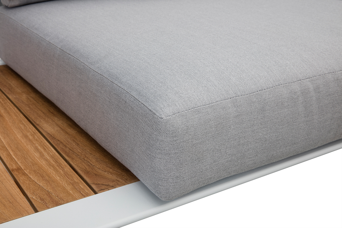 Salotto da giardino angolare in alluminio bianco, teak e tessuto grigio chiaro BELLS