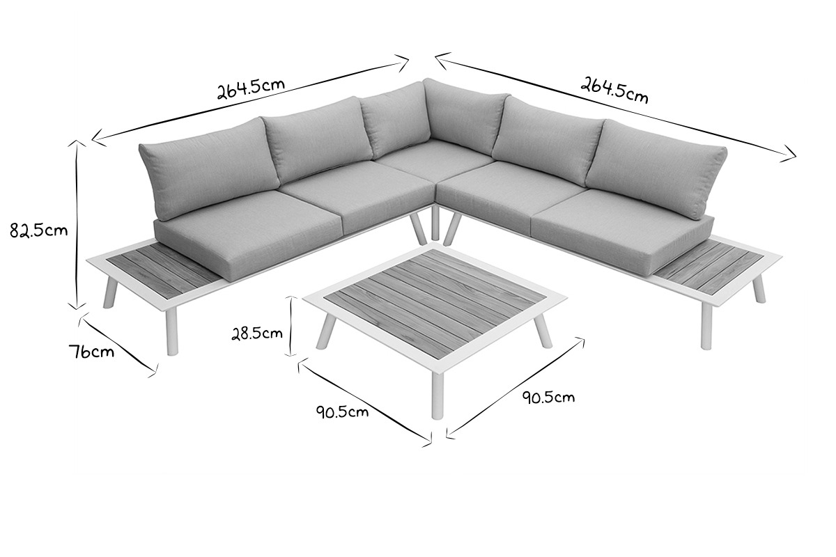 Salotto da giardino angolare in alluminio bianco, teak e tessuto grigio chiaro BELLS