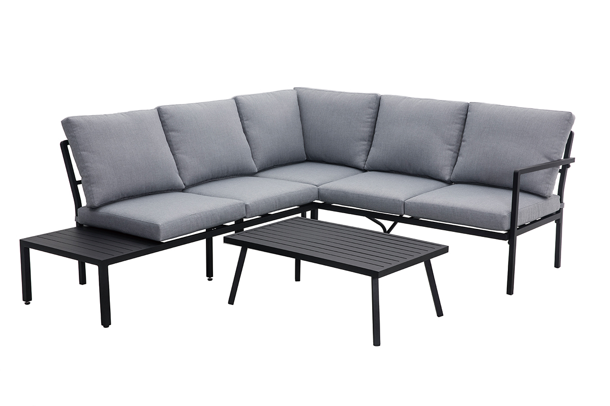 Salotto da giardino angolare in metallo nero e tessuto grigio SAIGON