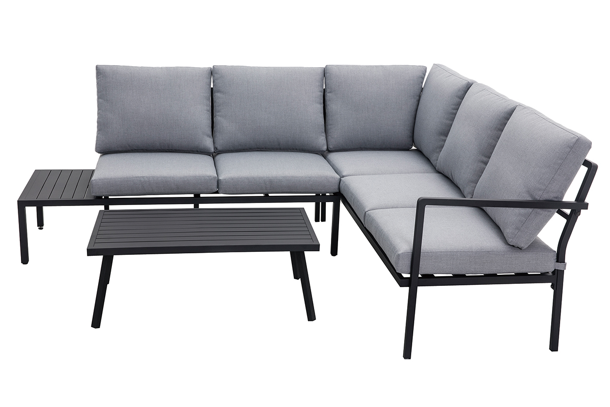 Salotto da giardino angolare in metallo nero e tessuto grigio SAIGON