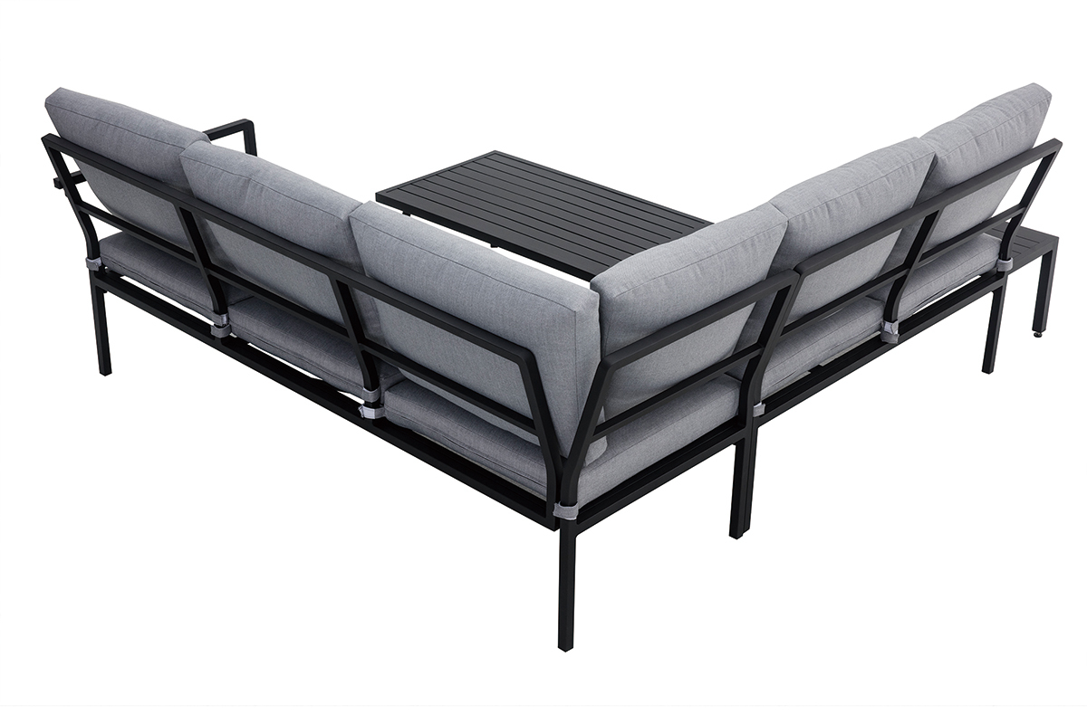 Salotto da giardino angolare in metallo nero e tessuto grigio SAIGON