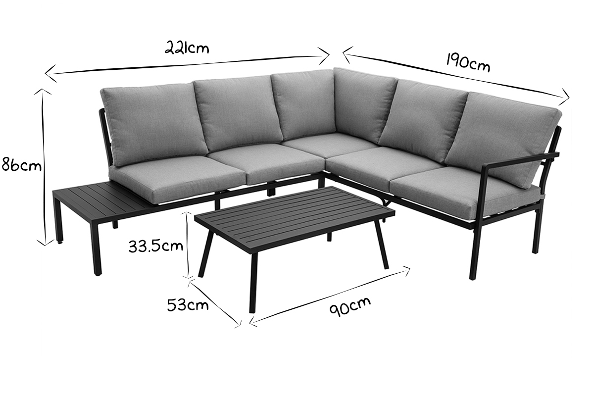 Salotto da giardino angolare in metallo nero e tessuto grigio SAIGON