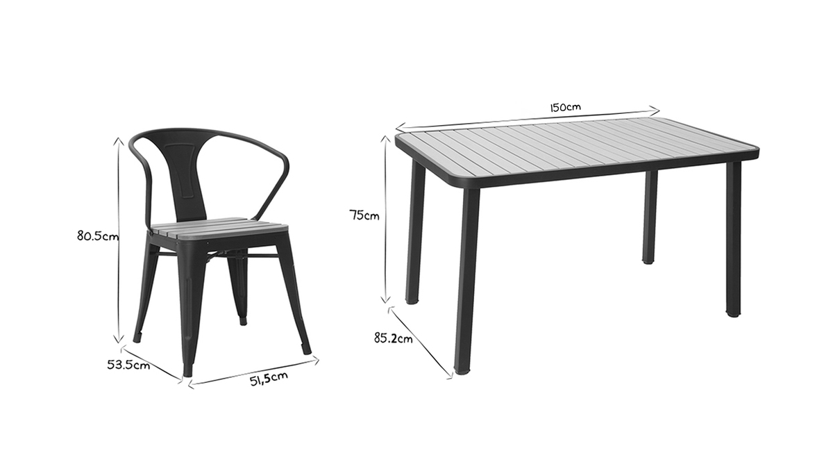 Salotto da giardino con tavolo e 4 sedie in legno e metallo nero BERLINER