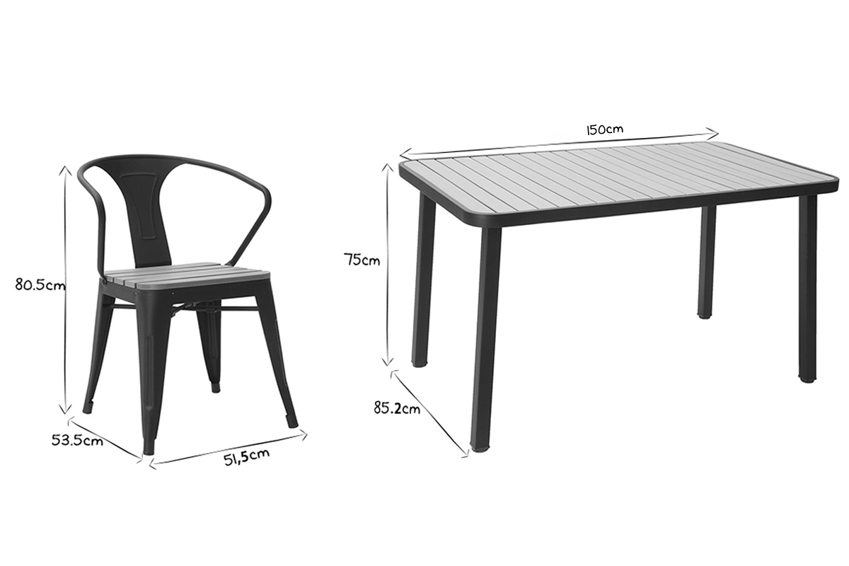 Salotto da giardino con tavolo e 4 sedie in legno e metallo nero BERLINER