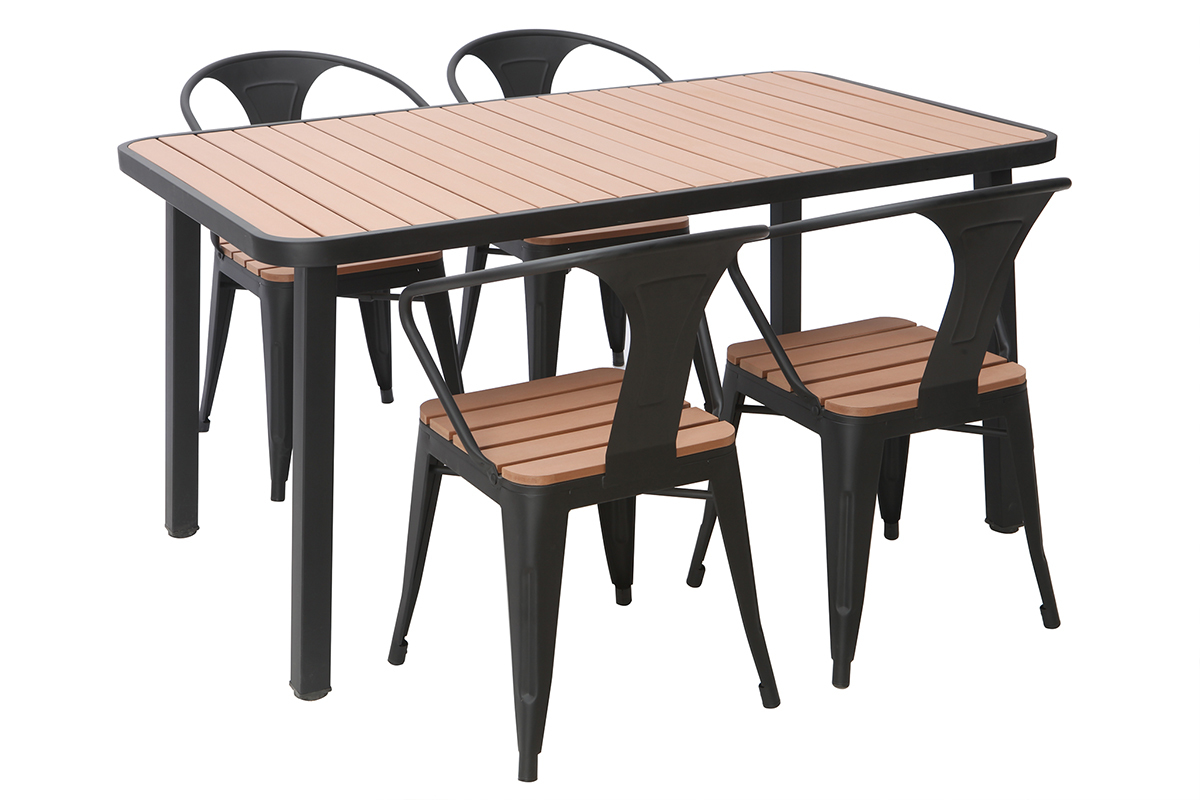 Salotto da giardino con tavolo e 4 sedie in legno e metallo nero BERLINER