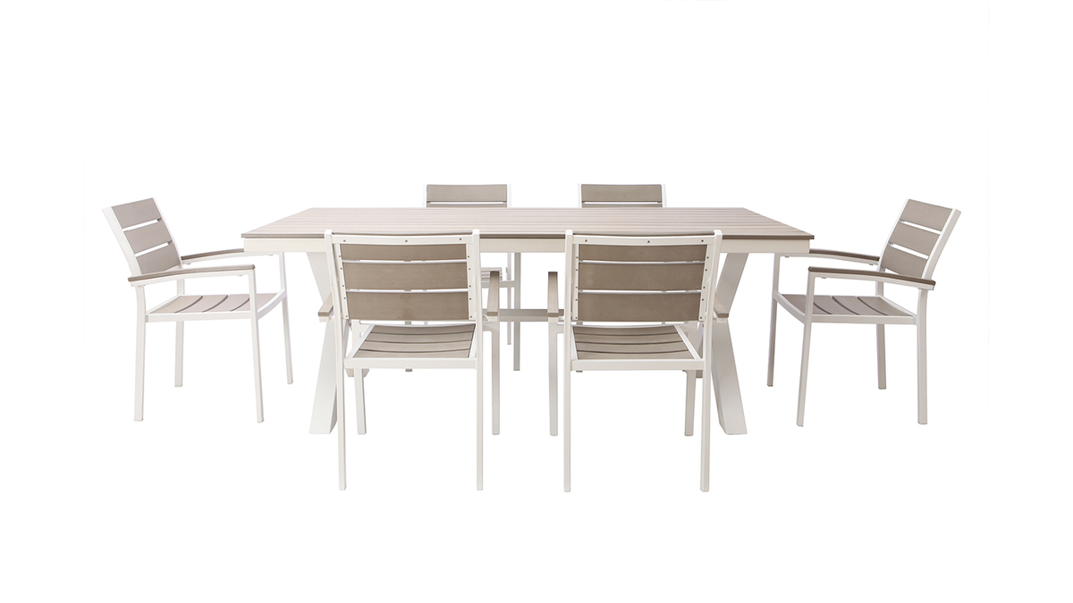 Salotto da giardino con tavolo e 6 sedie in metallo bianco e legno grigio VIAGGIO