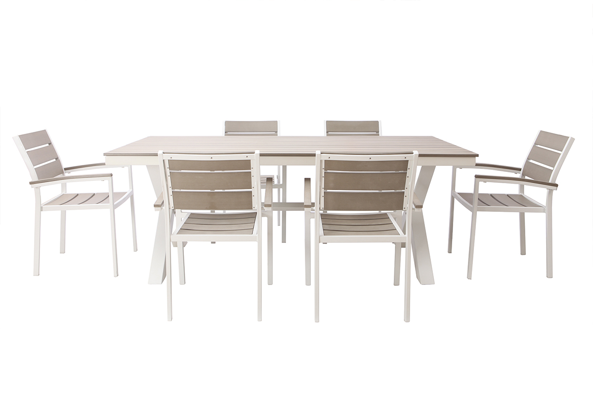 Salotto da giardino con tavolo e 6 sedie in metallo bianco e legno grigio VIAGGIO