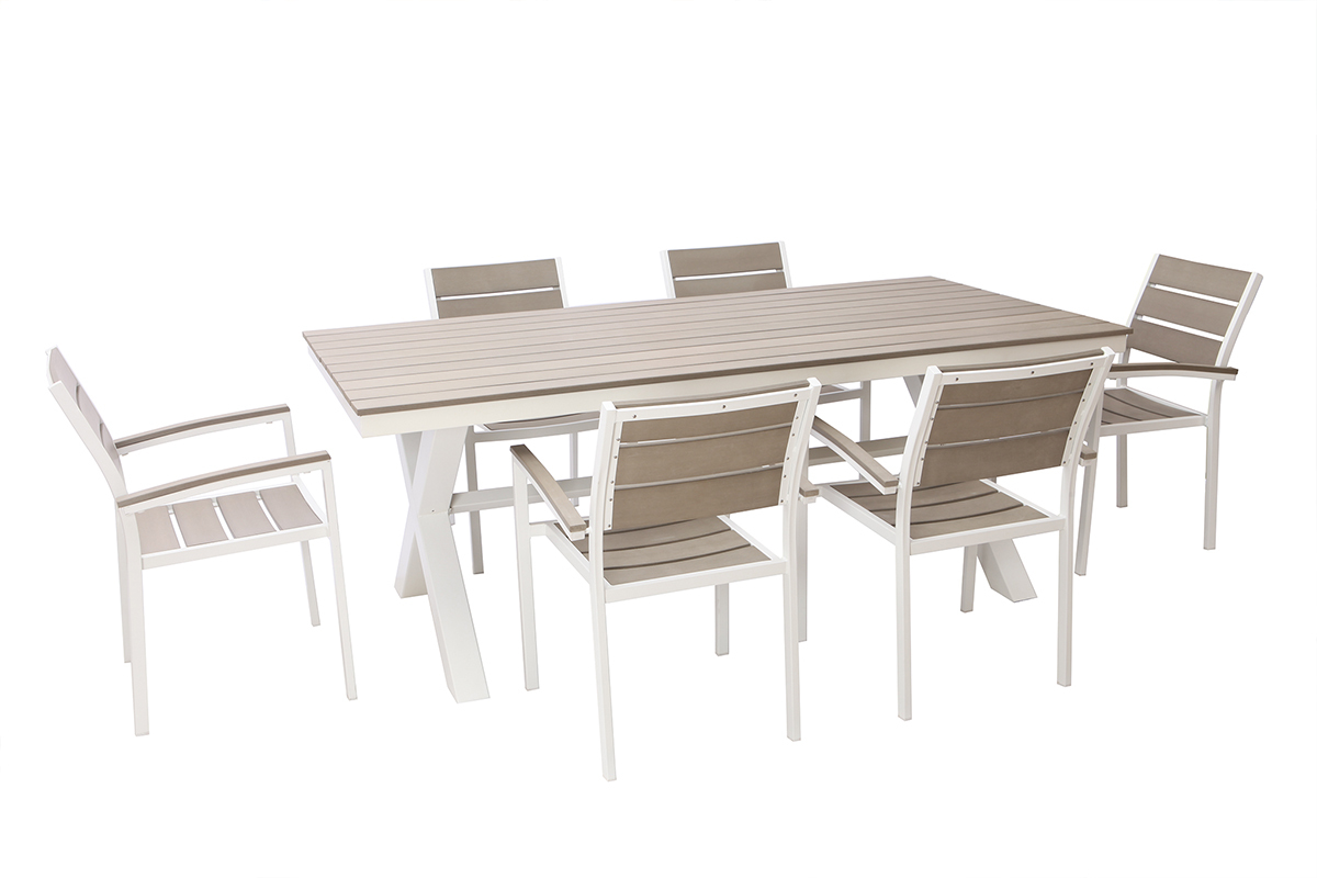 Salotto da giardino con tavolo e 6 sedie in metallo bianco e legno grigio VIAGGIO