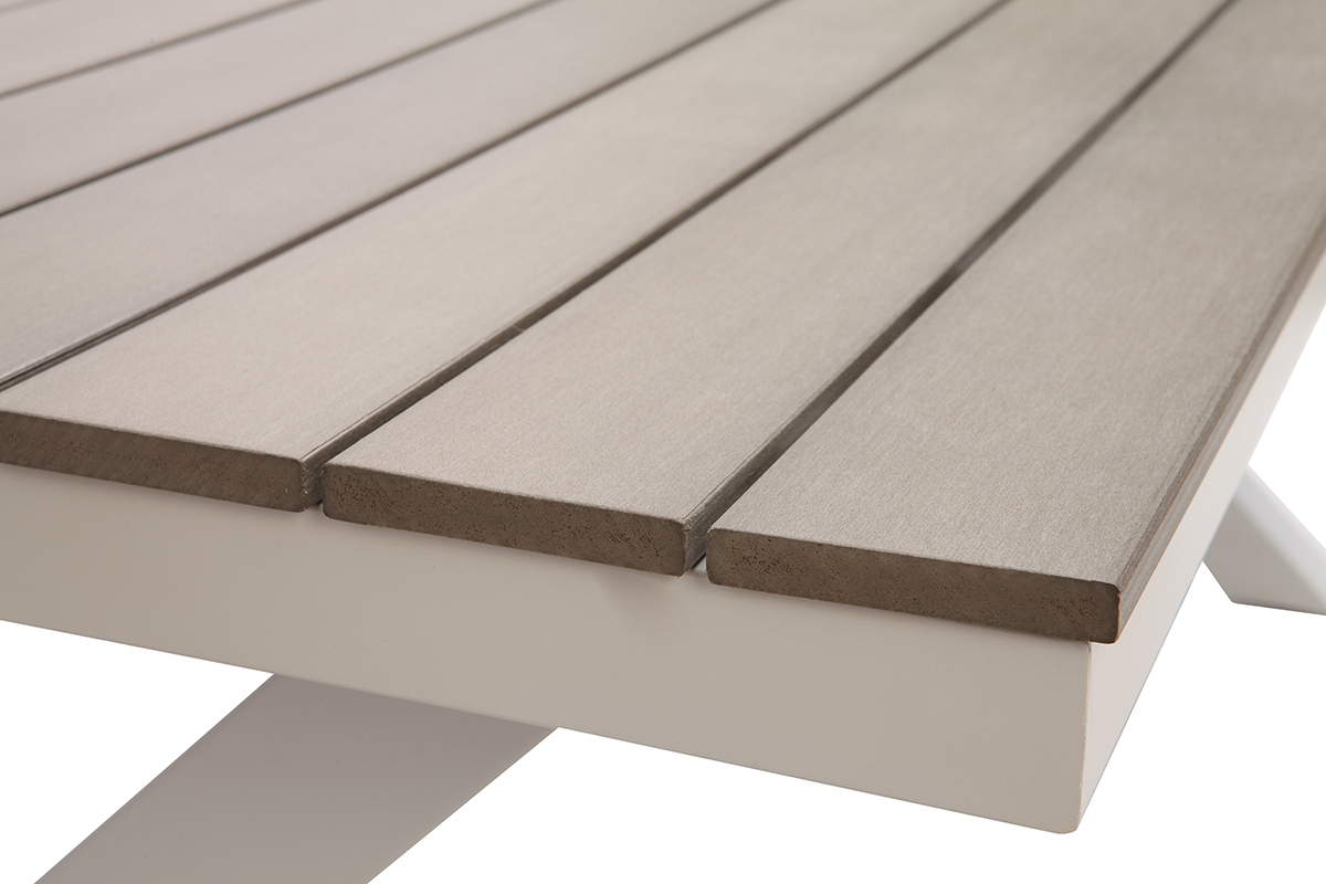 Salotto da giardino con tavolo e 6 sedie in metallo bianco e legno grigio VIAGGIO