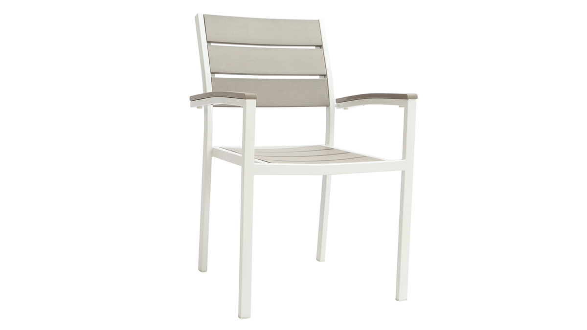 Salotto da giardino con tavolo e 6 sedie in metallo bianco e legno grigio VIAGGIO