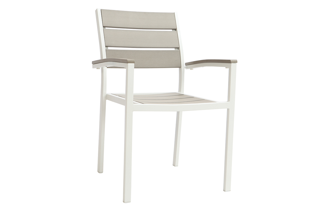 Salotto da giardino con tavolo e 6 sedie in metallo bianco e legno grigio VIAGGIO