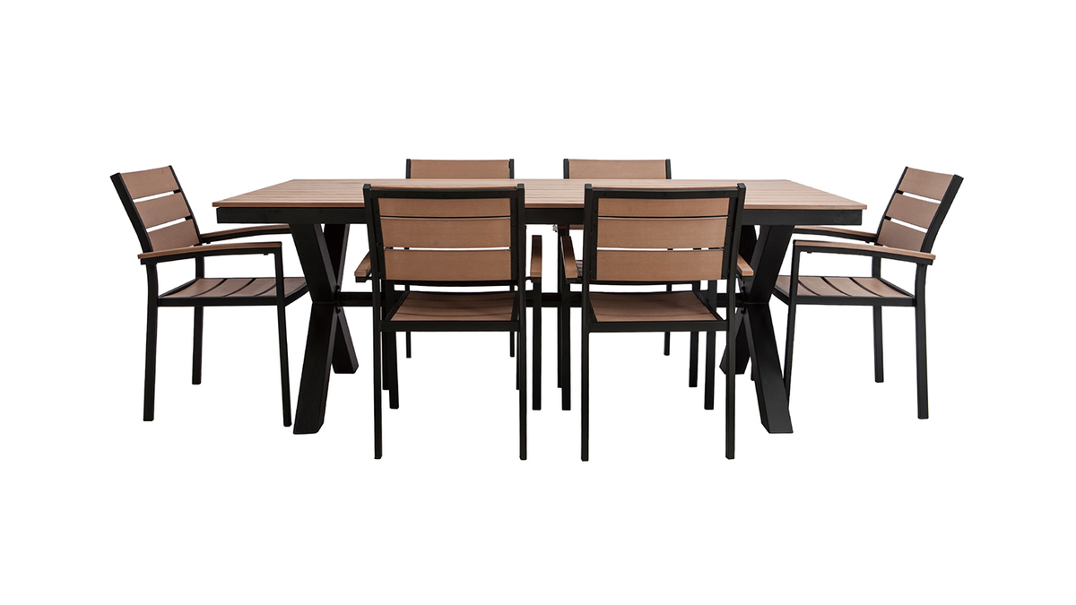Salotto da giardino con tavolo e 6 sedie in metallo nero e legno VIAGGIO