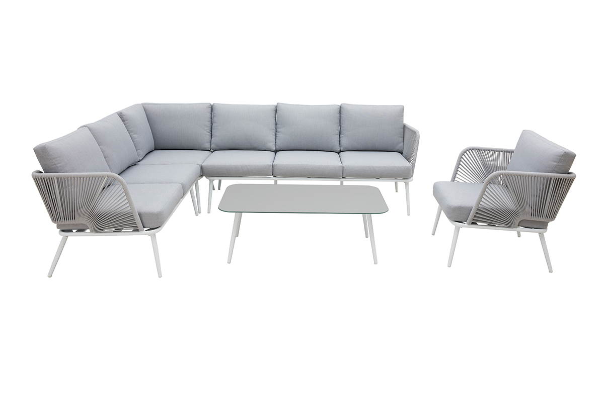 Salotto da giardino in alluminio bianco, corda e tessuto grigio chiaro HALONG