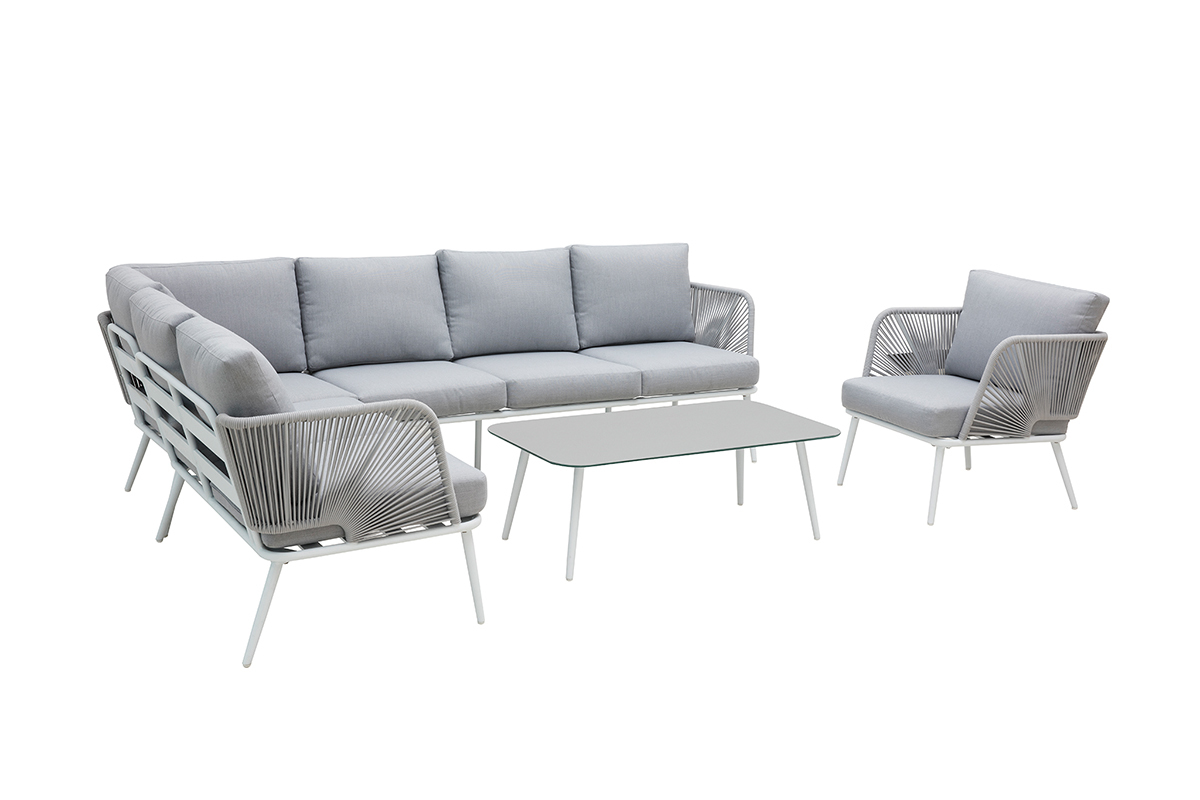 Salotto da giardino in alluminio bianco, corda e tessuto grigio chiaro HALONG