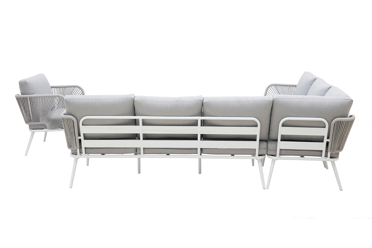 Salotto da giardino in alluminio bianco, corda e tessuto grigio chiaro HALONG