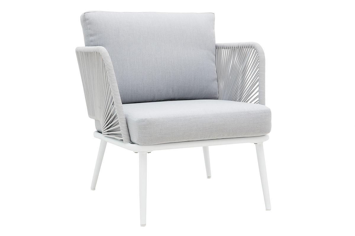 Salotto da giardino in alluminio bianco, corda e tessuto grigio chiaro HALONG