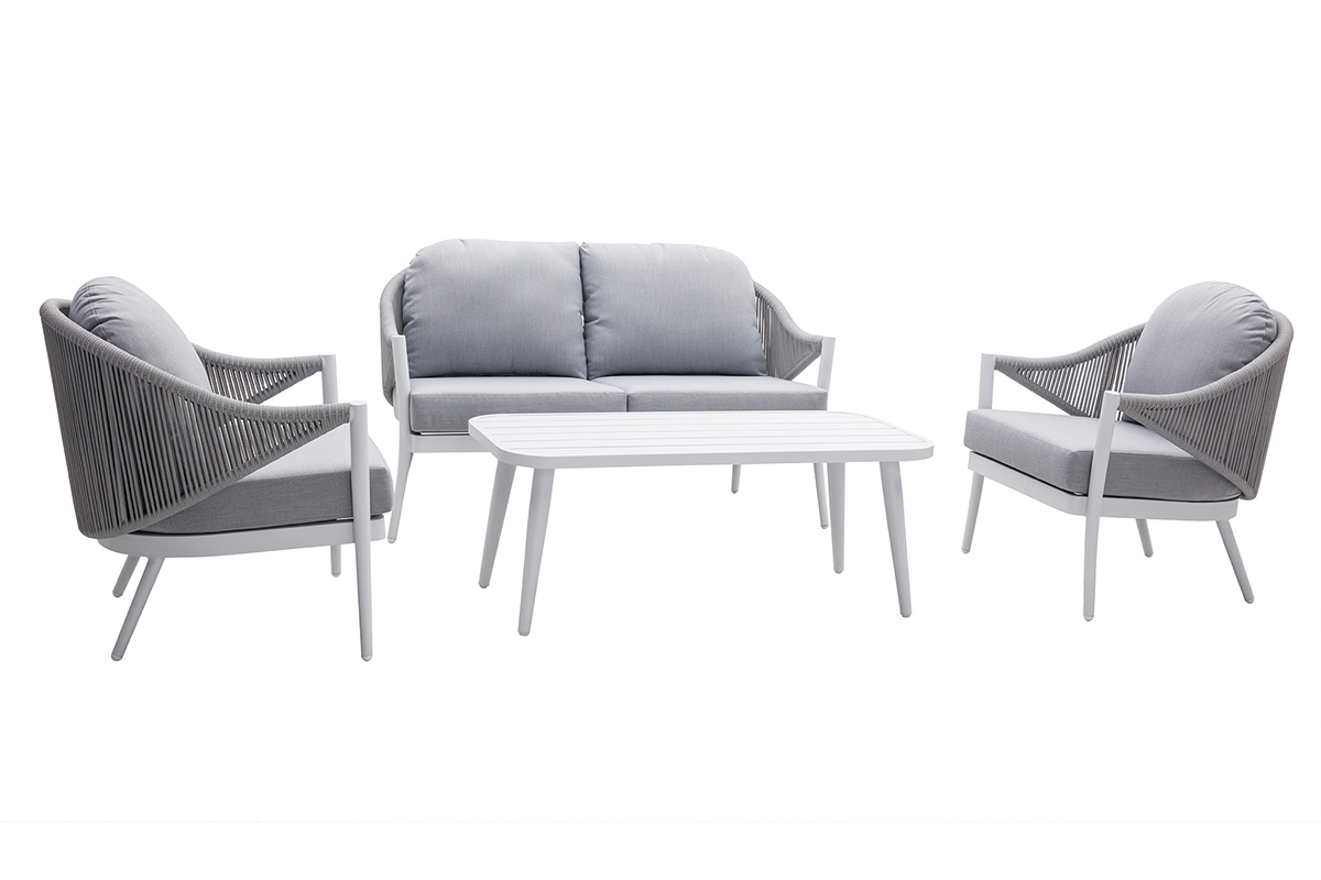 Salotto da giardino in alluminio bianco e corda e tessuto grigio chiaro LIMA