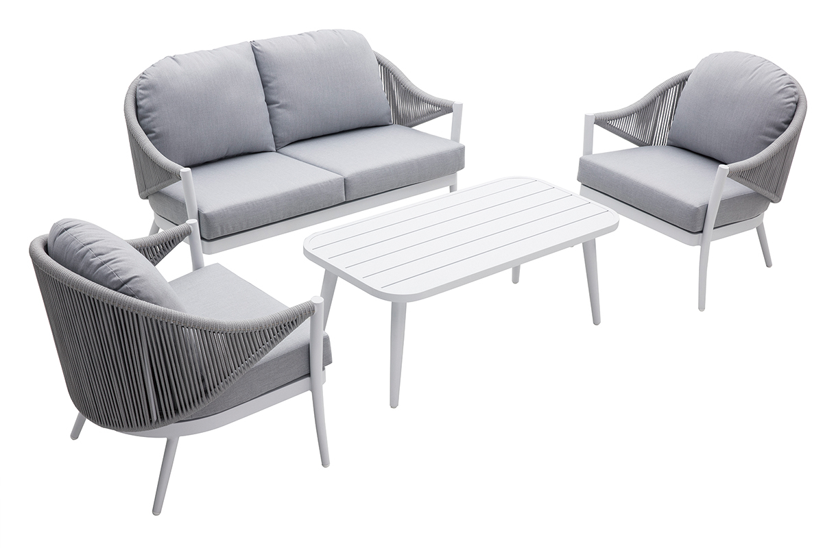 Salotto da giardino in alluminio bianco e corda e tessuto grigio chiaro LIMA