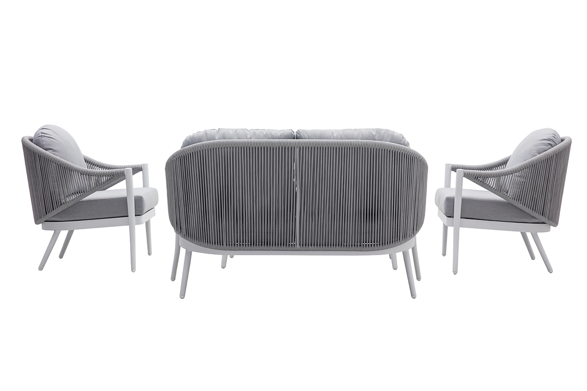 Salotto da giardino in alluminio bianco e corda e tessuto grigio chiaro LIMA