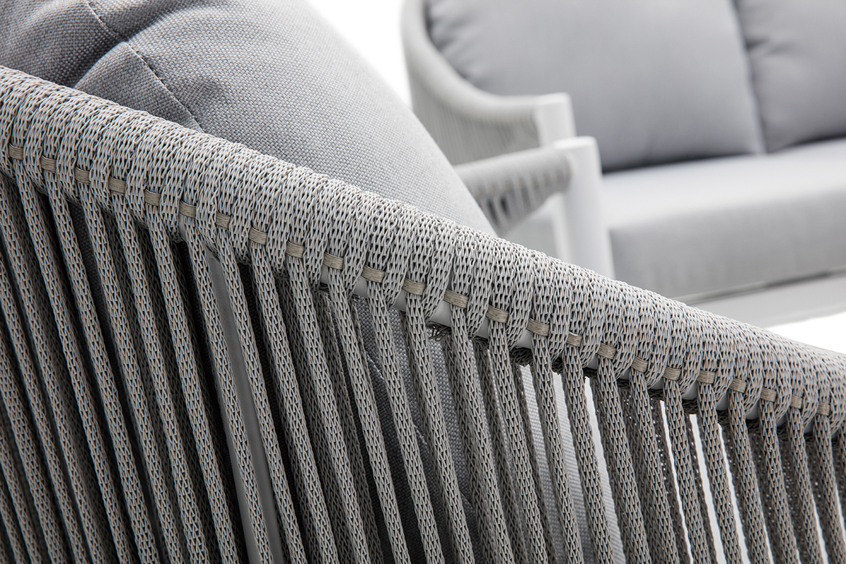 Salotto da giardino in alluminio bianco e corda e tessuto grigio chiaro LIMA