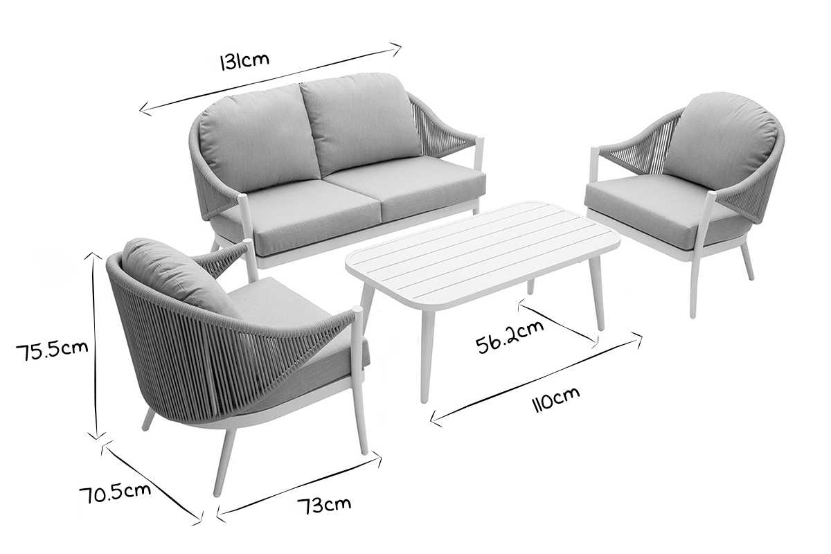 Salotto da giardino in alluminio bianco e corda e tessuto grigio chiaro LIMA