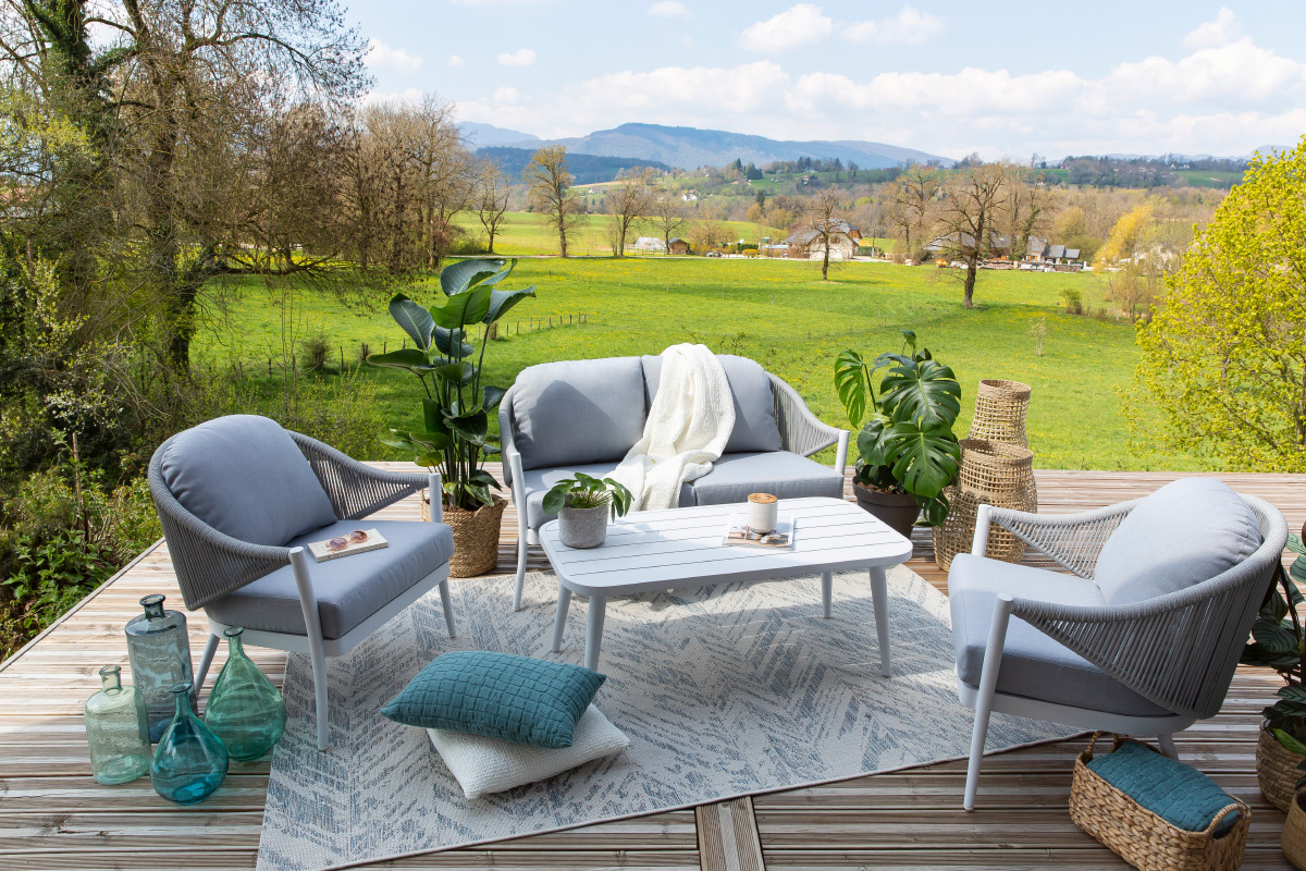 Salotto da giardino in alluminio bianco e corda e tessuto grigio chiaro LIMA