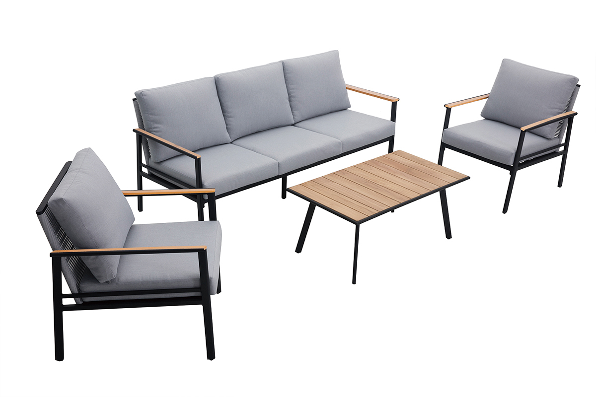 Salotto da giardino in alluminio nero, corda e tessuto grigio chiaro USHUAIA