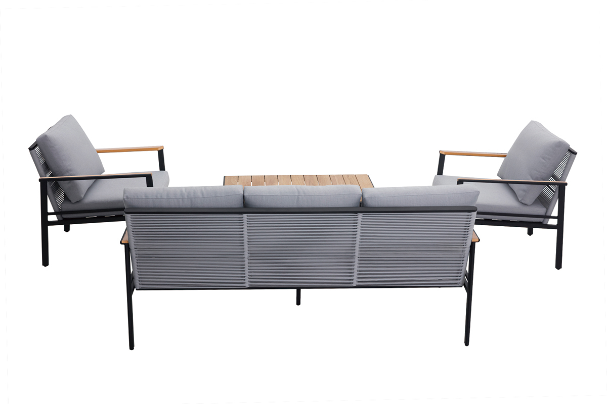 Salotto da giardino in alluminio nero, corda e tessuto grigio chiaro USHUAIA