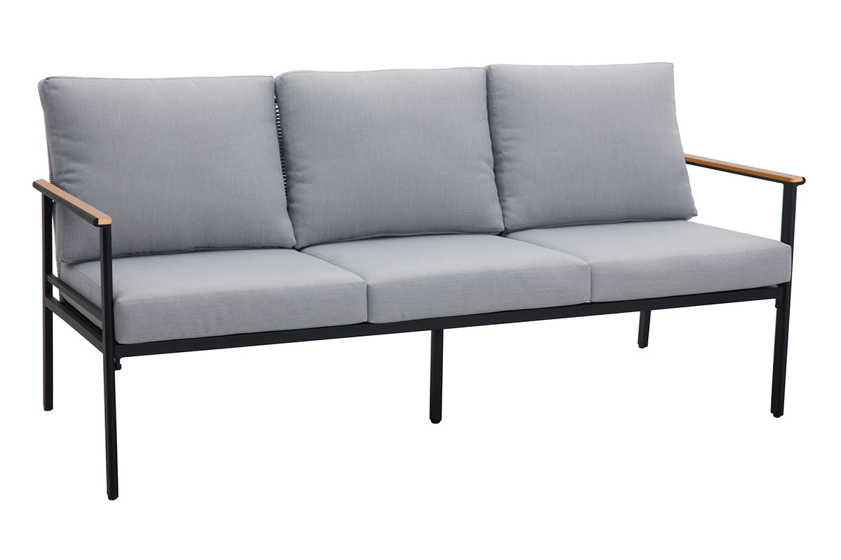 Salotto da giardino in alluminio nero, corda e tessuto grigio chiaro USHUAIA