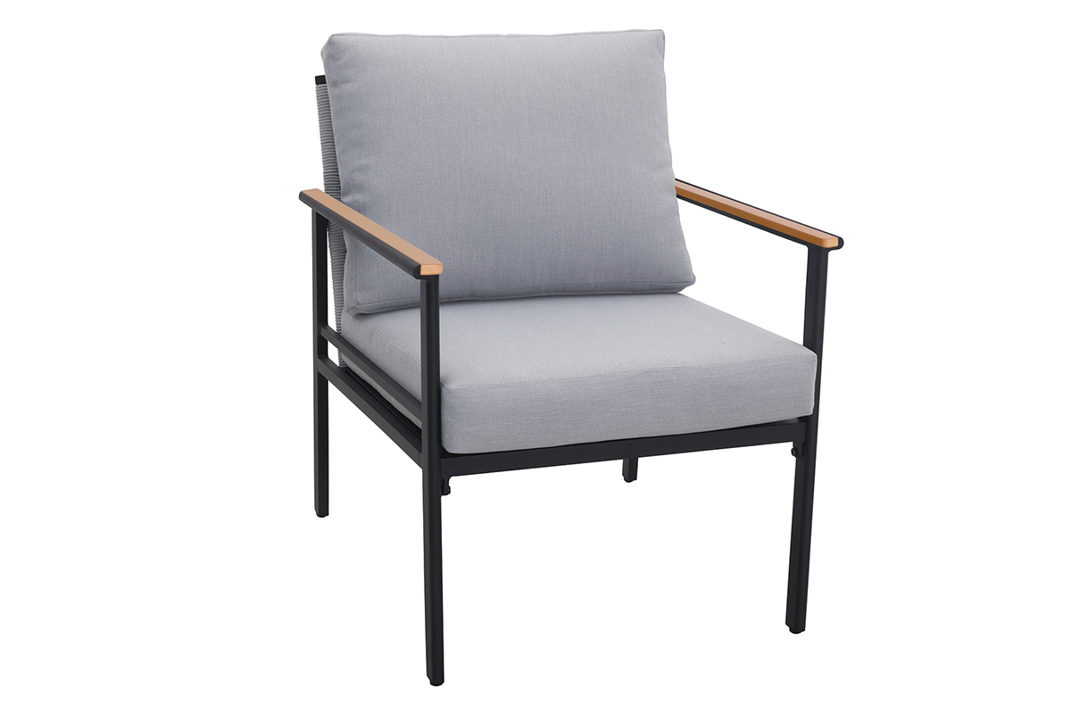 Salotto da giardino in alluminio nero, corda e tessuto grigio chiaro USHUAIA